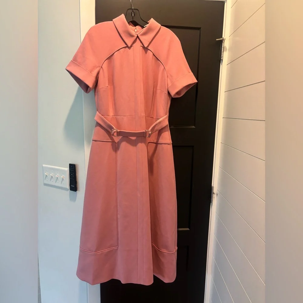 KAREN MILLEN Compact Stretch Tab Detail Full Skirted Midi Dress Dusty Pink NWT - Picture 5 of 15